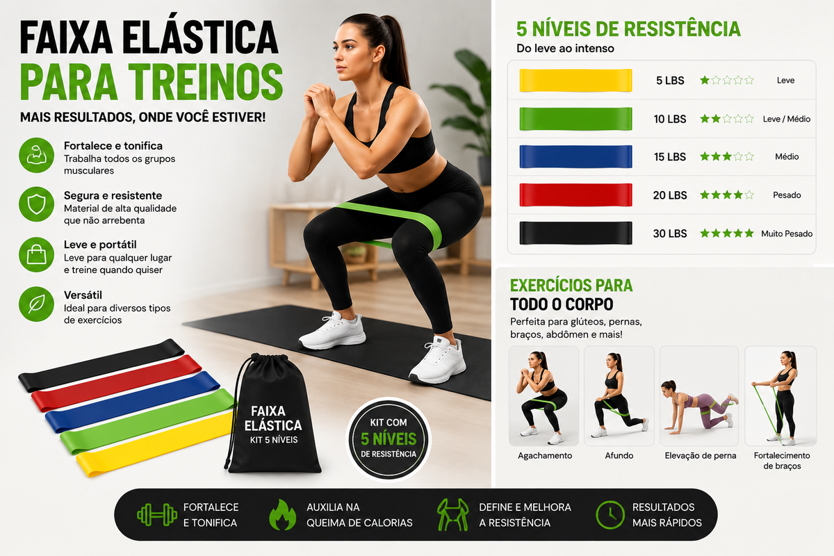 KIT 5 FAIXAS ELÁSTICAS DE TREINO
