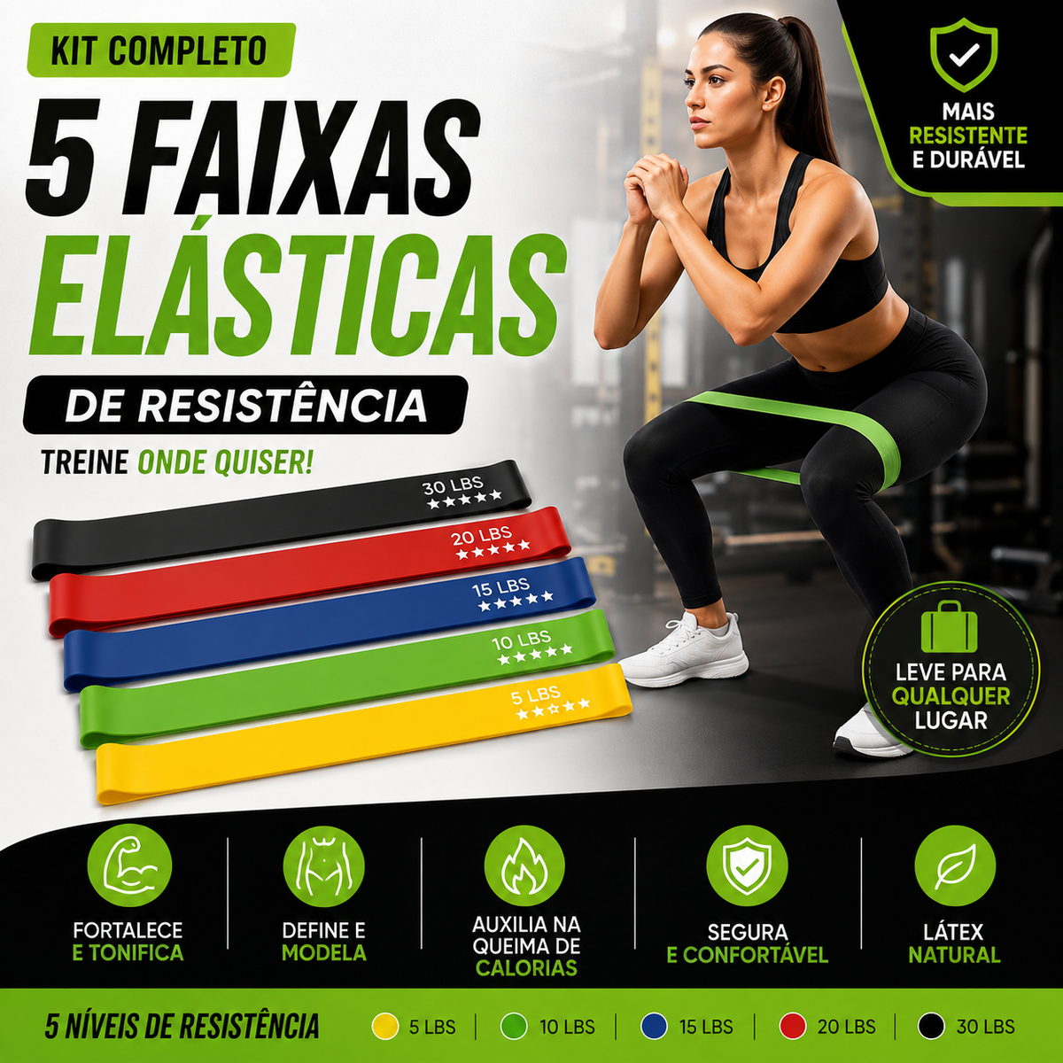 KIT 5 FAIXAS ELÁSTICAS DE TREINO