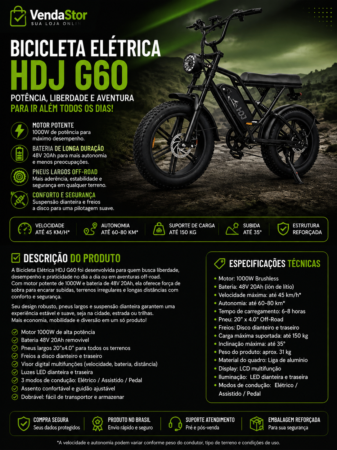 BICICLETA ELÉTRICA HDJ G60 1000w